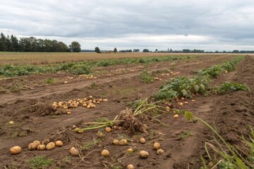 Post-harvest scene of potato field in rural landscape with remaining potatoes agricultural photography autumn environment aerial view of harvested land