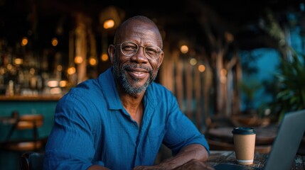 This warm image features a smiling man seated at a cozy coffee shop with a laptop, conveying a sense of productivity and contentment in a relaxed environment.