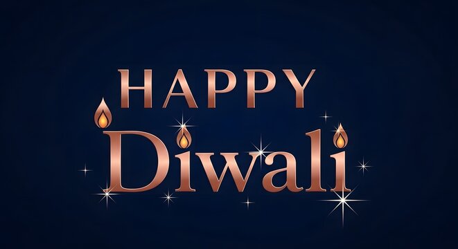 Happy diwali greeting with elegant copper text and sparkling lights on a dark blue background, celebrating the festival of lights