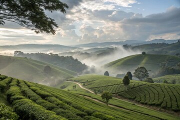 Fototapeta premium Morning serenity in rolling hills of a tea plantation breathtaking landscapes tranquil environment lush greenery scenic views