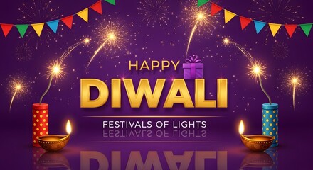 Happy diwali greeting with fireworks, diyas, and festive decorations on a purple background, celebrating the festival of lights