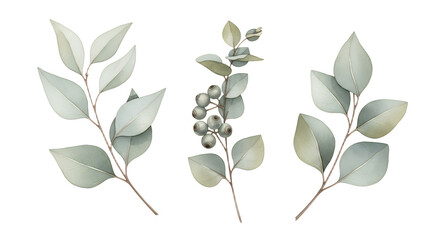 Eucalyptus Branches with Leaves and Berries Isolated on White Background Stock Photo