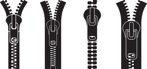 Fototapeta premium Four black zipper silhouettes in different open and closed states isolated on white background