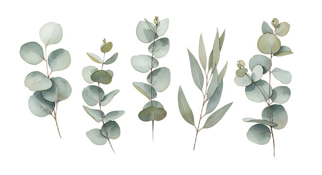 Eucalyptus Leaves and Branches Watercolor Illustration Botanical Design for Wedding or Spa Theme