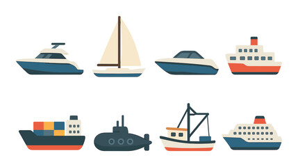 Fototapeta premium Collection of various nautical vessels: yacht, sailboat, cargo ship, submarine, and more