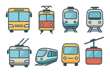 Colorful icons of various public transportation vehicles on a gradient background