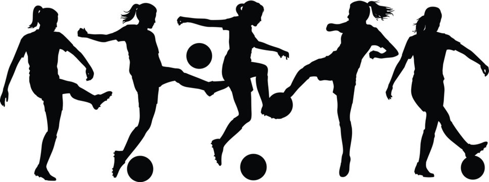 Female soccer player silhouette vector, woman football action poses, kicking and dribbling