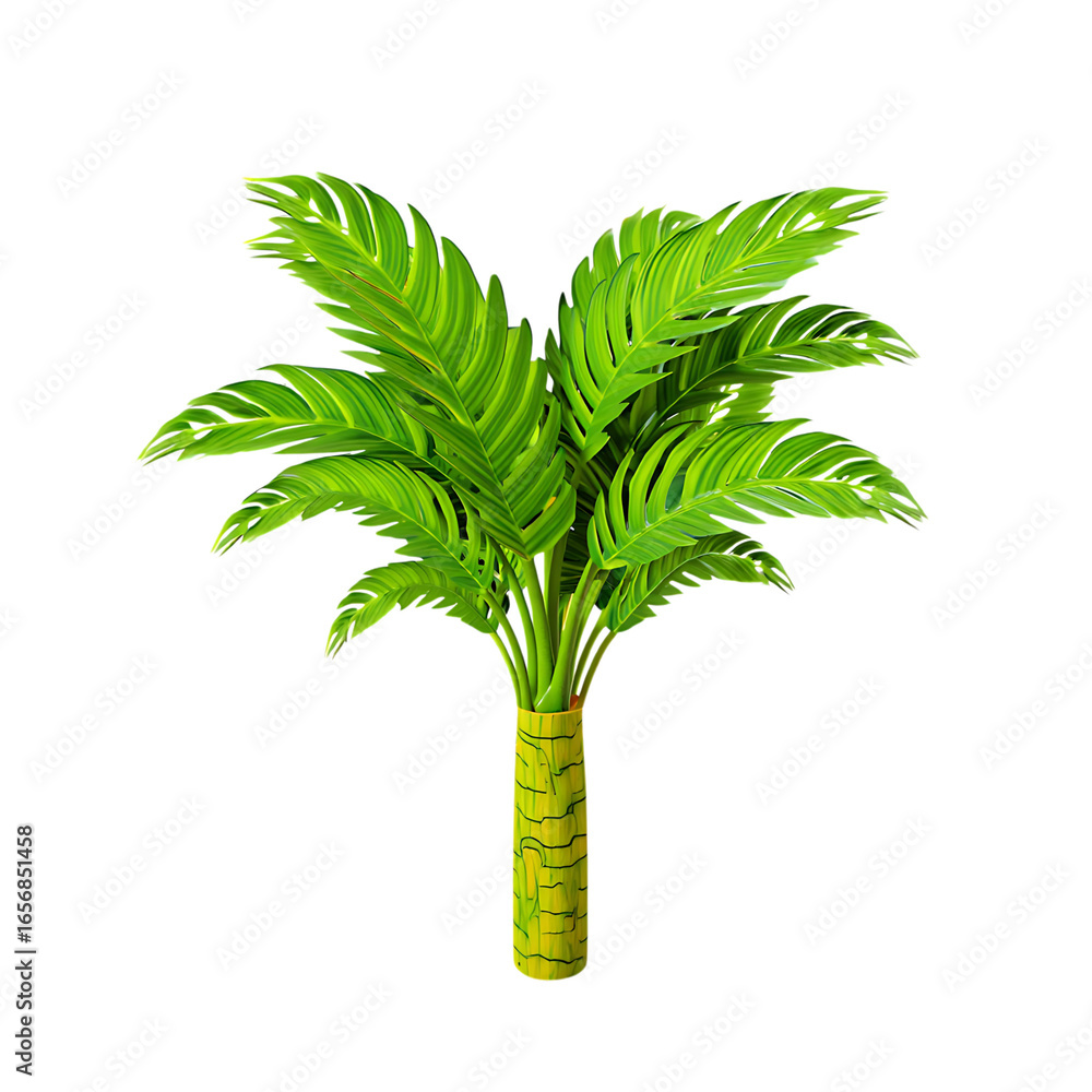 Poster a vibrant artificial palm tree with lush green fronds against a stark plain setting for decoration u
