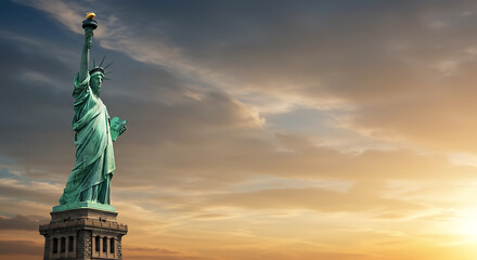 The Statue of Liberty stands tall against a dramatic, colorful sunset sky.