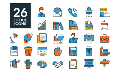 Office and business icon set with desk, chair, briefcase, graph, calendar, and professional symbols in modern line art style