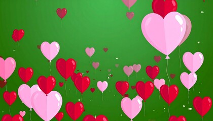 Heart-shaped balloons in pink and red colors float against a vibrant green background, creating a joyful and romantic visual display.