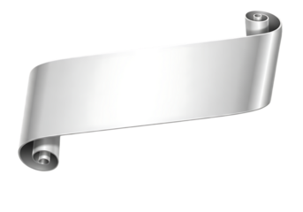 A gleaming silver scroll with curled edges isolated against a stark solid space for text display on transparent background
