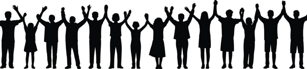 Group of people silhouettes holding hands up in celebration, unity, teamwork, friendship, diversity, community concept for social, human connection, togetherness, and cooperation design