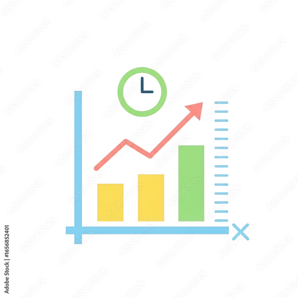 Poster business growth bar chart with clock and arrow isolated on transparent background