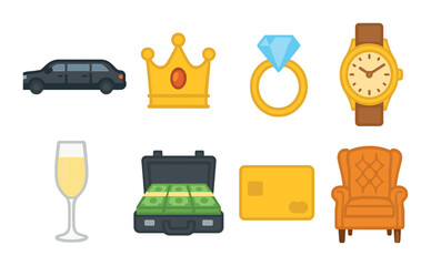 Luxury symbols: crown, diamond, cash, watch, car, champagne, card, armchair icons