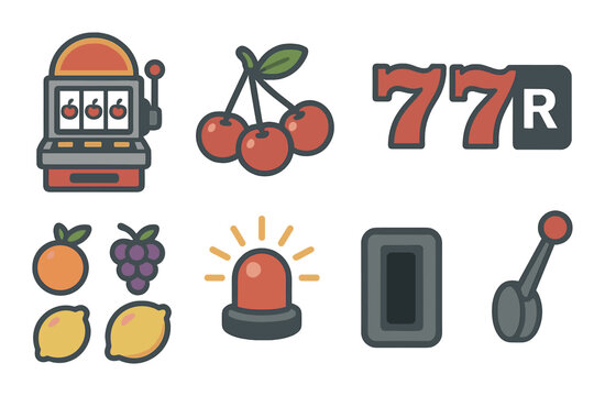 Colorful slot machine icons with fruits and symbols on dark background