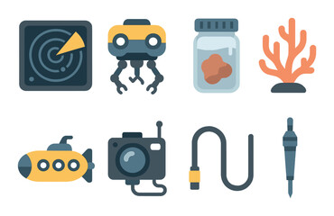 Underwater exploration icons: submarine, drone, coral, radar, camera, jar