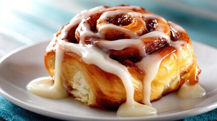A freshly baked cinnamon roll with cream icing sits beautifully on a plate, drawing attention to its deliciousness and warmth, perfect for a breakfast or dessert indulgence.