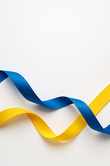 Minimal blue and yellow satin ribbons on a clean white background with large copy space. Unbranded festive/patriotic backdrop for banners, ads and social posts.