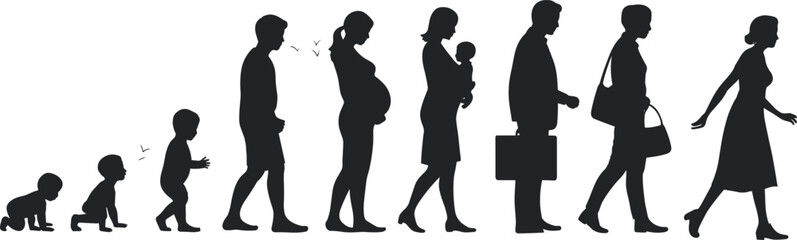 Human life stages silhouette from baby to senior, people growth and aging process, family evolution, man and woman generation concept, childhood to adulthood timeline illustration