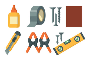 Assorted tools and supplies: glue, tape, screws, utility knife, clamps, level, sandpaper