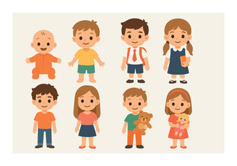 Cute cartoon children in various outfits and poses