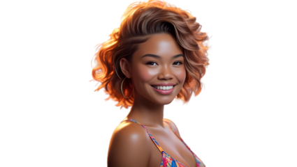 Young woman smiling with summer hairstyle, she looks pretty charming in beauty salon, half length body posing