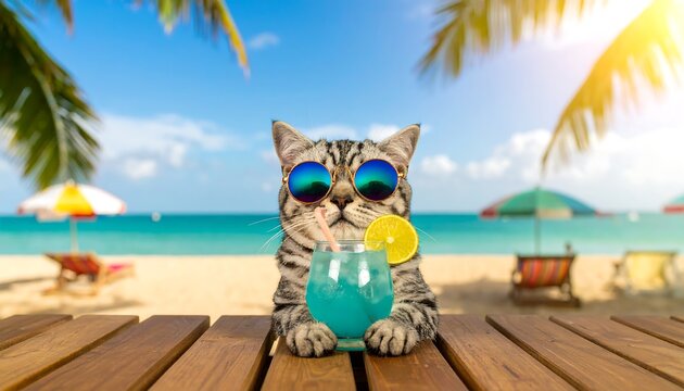 Cat drinks cocktail at beach