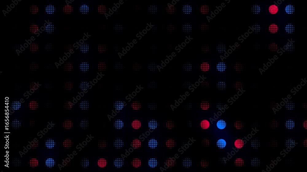 Poster abstract blue and red halftone dots pattern, digital screen pixel grid animation loop