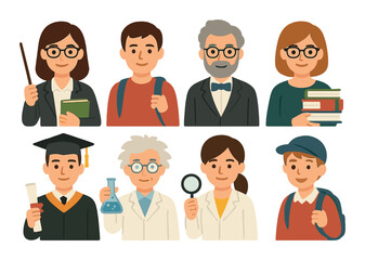 Diverse educational professions: teachers, scientists, students, and graduates