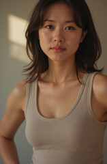 beautiful asian woman in sleeveless beige top, natural light portrait photography, soft warm tones, elegant fashion model pose, cinematic editorial style
