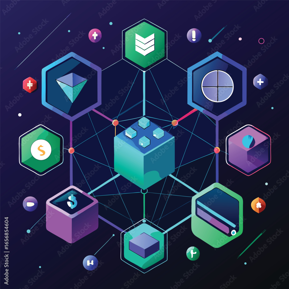 Poster abstract geometric composition featuring connected hexagonal shapes with illustrative icons and a fu