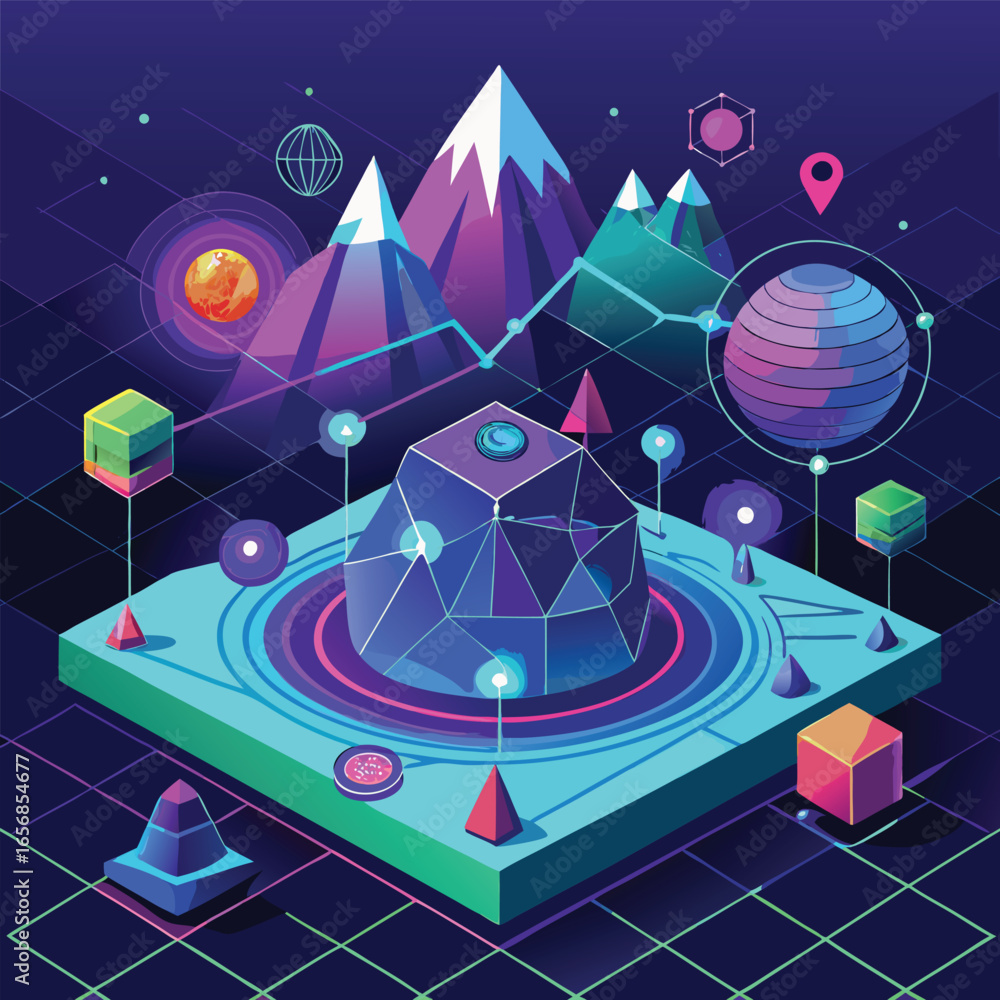 Poster abstract futuristic isometric illustration of data visualization and digital concept with mountain l