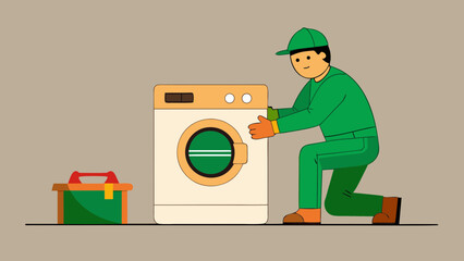 A male technician fixing a washing machine, focused mood, kneeling near appliance, simple background