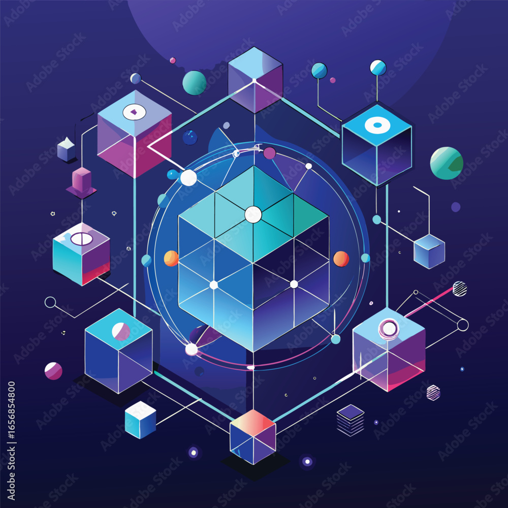 Aufkleber abstract geometric vector illustration with interconnected cubes in a creative digital network.