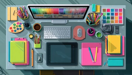Flat lay of a designer's workspace.  Colorful, organized