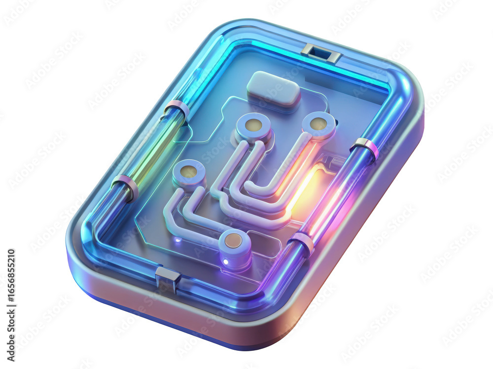 Poster abstract circuit board design with futuristic glow and vibrant colors 3d rendering plastic style ico