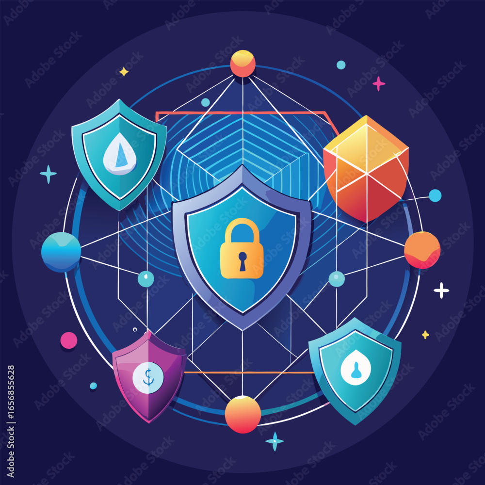 Poster digital security concept featuring shields and padlock representing data protection and cyber safety