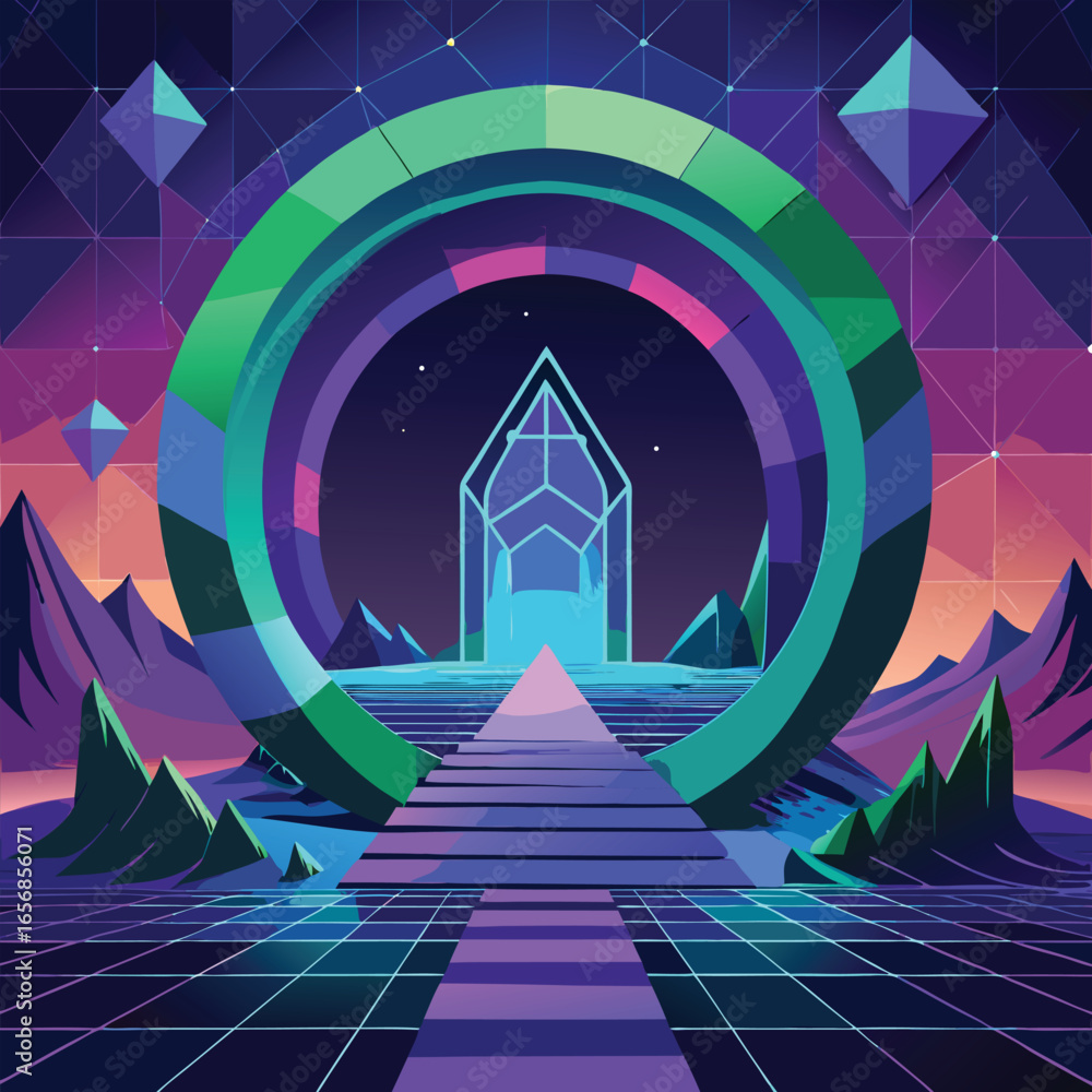 Poster futuristic gateway to the unknown with vibrant colors and geometric design suitable for various desi