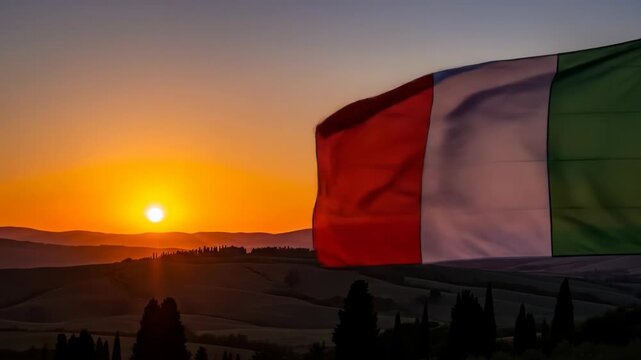 Italian Flag Waving at Sunset - The Italian flag waves proudly against a vibrant sunset backdrop, overlooking rolling hills and cypress trees.