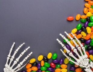 Scattered colorful jelly beans and skeleton hands on a gray background, Halloween concept