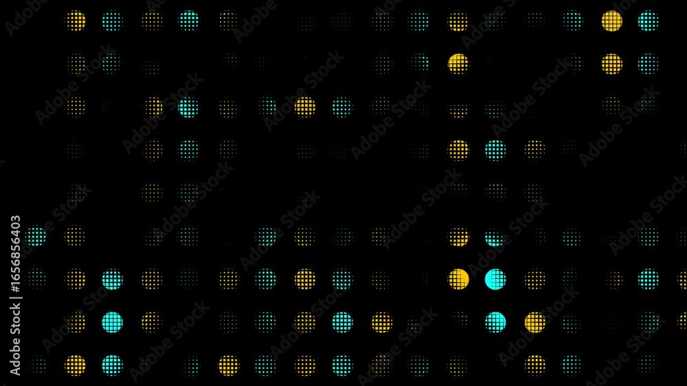 Poster abstract blue and yellow halftone dots pattern, digital screen pixel grid animation loop