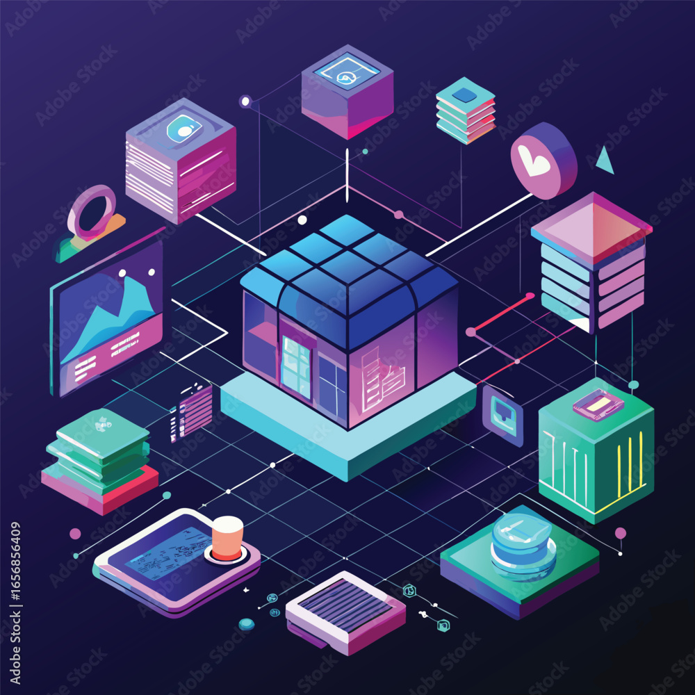 Poster futuristic isometric illustration representing digital transformation and data processing with conne