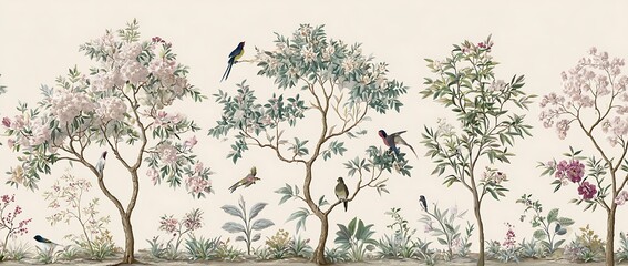 A hand-drawn mural of birds, flowers, and trees in the style of chinoiserie