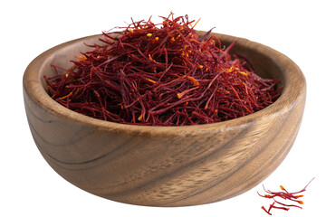 Fototapeta premium Saffron threads in a wooden bowl spice organic culinary ingredient aromatic delicate valuable herb