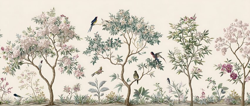 A hand-drawn mural of birds, flowers, and trees in the style of chinoiserie