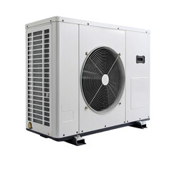 Modern air conditioning unit with metal fan grille and ventilation system in white color exterior view