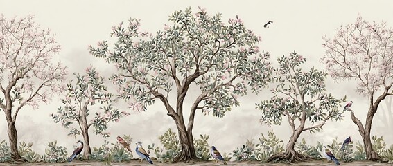 A hand-drawn mural of birds, flowers, and trees in the style of chinoiserie