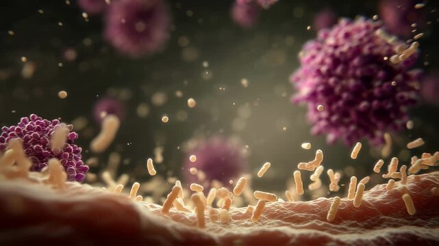 Medium shot featuring bacterial biofilm on colon lining sharp bacteria in foreground with subtle outoffocus visuals of mutated cancer cells developing behind.