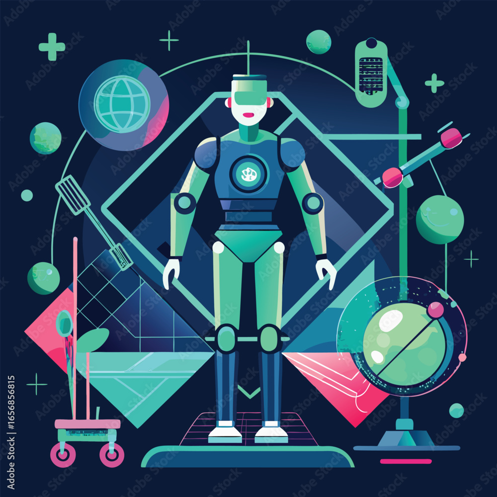 Poster futuristic robot standing in a technological environment surrounded by digital displays and scientif